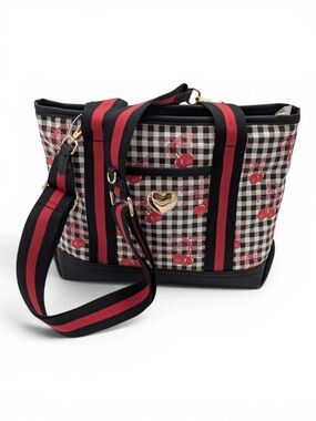 Betsey Johnson Black Plaid Tote with Red Cherry Print and Gold Heart